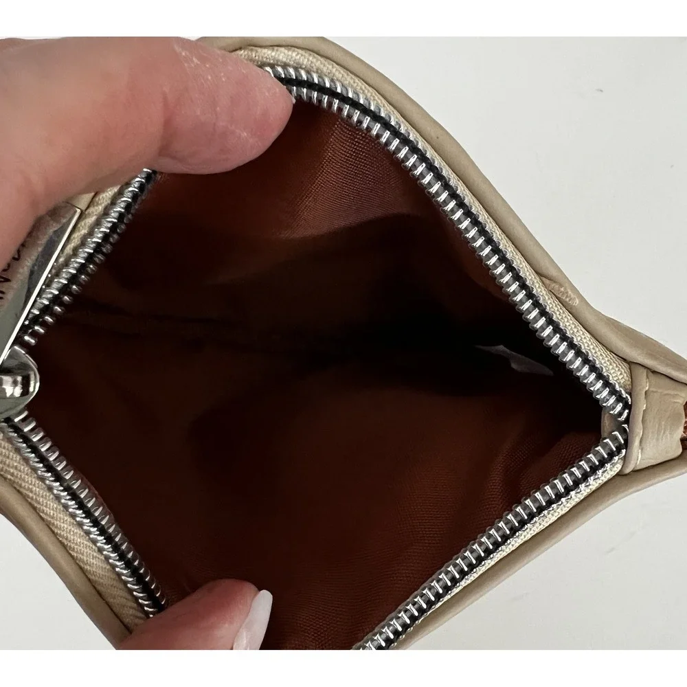 JOAN & DAVID Zippered Pouch Bag Camel Beige‎ Faux Leather Hot Pink Lining 6x8